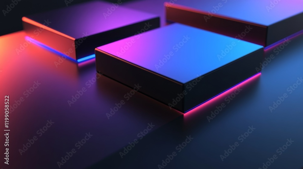 Aufkleber neon lit cubes on a reflective surface. abstract background.