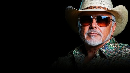 A man dressed in a colorful patterned shirt and wide-brimmed hat exudes confidence while wearing sunglasses. The backdrop is dark, enhancing his stylish appearance
