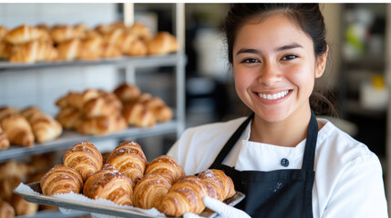 Australian chef woman carrying a tray of fresh baked croissants
