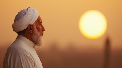 Elderly Man in White Turban Silhouetted Against Sunset