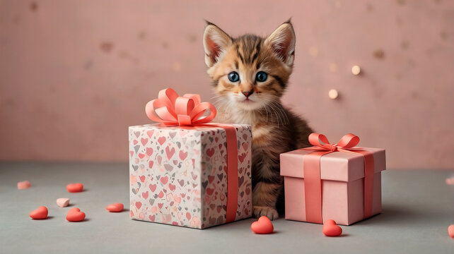 Adorable kitten holding a heart next to a gift box with heart patterns