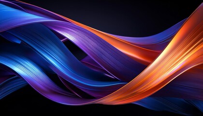 Abstract digital art with smooth, flowing ribbons in blue, purple, and orange gradients, intertwining dynamically on a black background