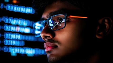 A young man with glasses is deeply focused on coding, illuminated by bright computer screens in a dark environment, showcasing dedication and concentration at night
