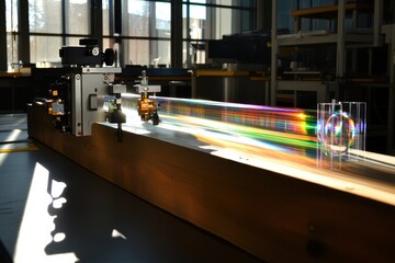 Obraz premium Demonstration of Light Spectrum Analysis Using a Prism and Optical Equipment in Laboratory Setting for Science Education and Research Purposes