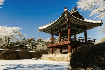 Fototapeta premium Traditional korean pavilion in a snowy winter landscape with blue sky and frosty trees