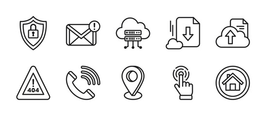Website or technology icon pack in outline style, showing internet security, mail notification, cloud server, download and upload files, error 404, contact us, hand cursor and home button.