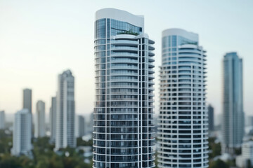 Fototapeta premium A modern skyline featuring sleek, high-rise residential buildings with glass facades against a soft, pastel sky.
