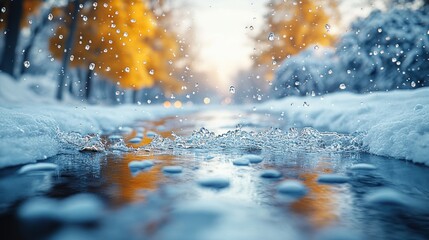 Winter Wonderland: Water Droplets Splashing in a Snowy Stream