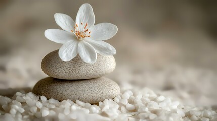 Serene white flower atop balanced stones, tranquil spa setting, relaxation concept