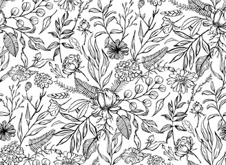 hand drawn floral botanical seamless pattern in black and white, vector illustration repeat design