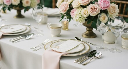 Fototapeta premium Elegant wedding table setting with floral centerpieces and fine china