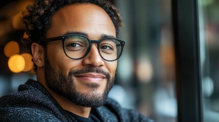 A man with curly hair and glasses smiles warmly while seated by a window in a cafe. The ambiance features soft lighting and a relaxed vibe, perfect for unwinding