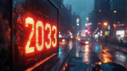 Glowing 2033 Digital Display in Rainy Cityscape. Generative AI