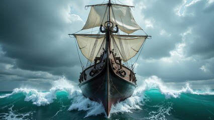 Fototapeta premium A majestic pirate ship's dark brown wooden prow slices through a tumultuous sea, framed against storm clouds and crashing waves