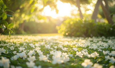 Fototapeta premium Delicate white petals unfurl as morning light shines down on a carpet of lush green with blooming bougainvillea, bougainvillea, blooming
