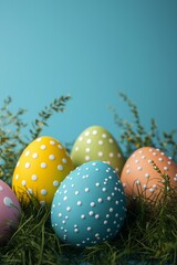 Colorful decorative Easter eggs arranged on green grass against a blue background