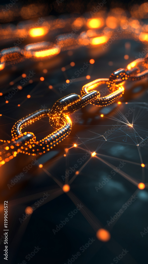 Fototapete glowing metal chains interlinking in digital network, representing blockchain connectivity and techn
