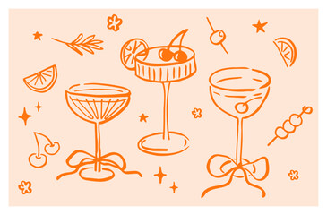 Set of wide champagne glasses with bows. Hand drawn ink vector illustration. Elements for poster, social media, banners, invitation. Trendy coquette core template.   