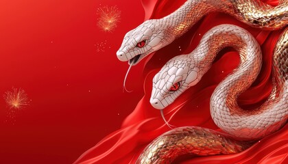 Obraz premium A dynamic Year of the Snake card featuring a vibrant serpent, firework bursts, and a red and gold palette symbolizing joy and prosperity in 2025