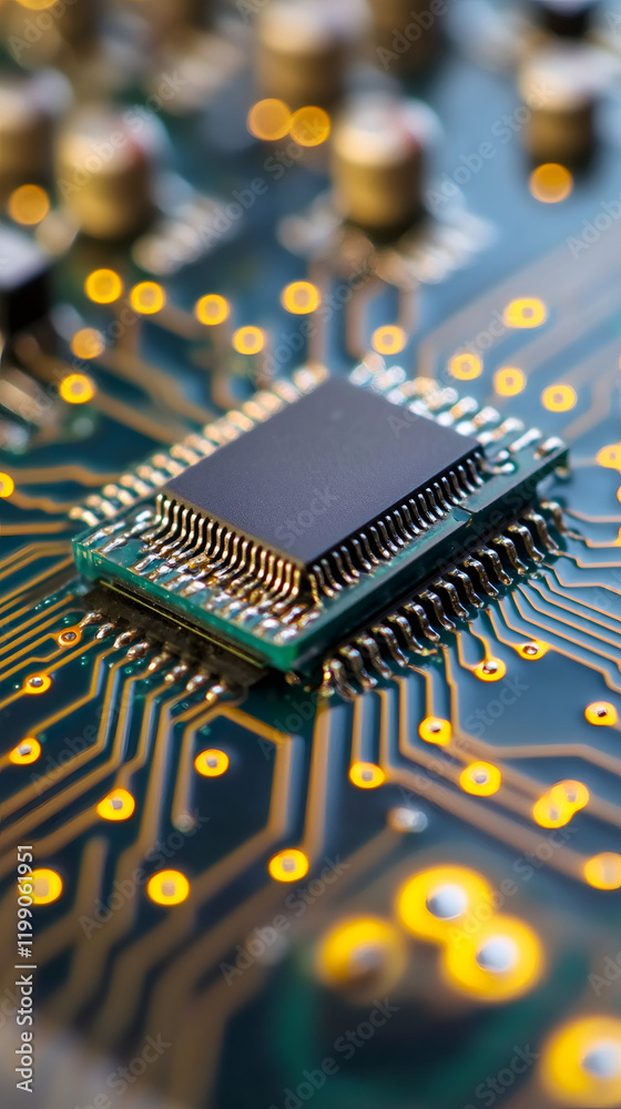 Poster detailed microchip surface revealing complex electronic pathways interconnecting with motherboard ci