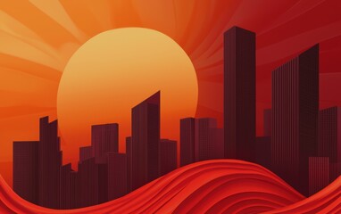 A futuristic cityscape engulfed in red-orange hues, swirling heatwave patterns overtaking the skyline, symbolizing climate emergency