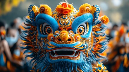 Fototapeta premium Close-up of a vibrant blue and gold lion dance costume.