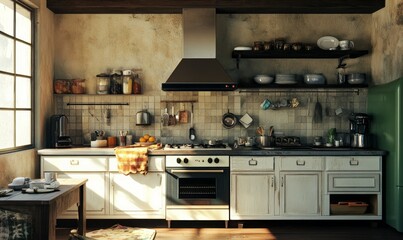 Desk of free space and kitchen interior
