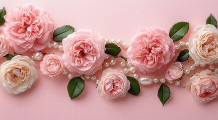 Elegant arrangement of pink roses and pearls on a soft pink background for floral decoration © homeganko
