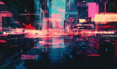 Fototapeta premium Digital Chaos: Cityscape with Motion Blur and Glitch Effects Embracing Urban Energy and Dynamic Lifestyle