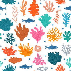 colorful underwater corals with fishes and bubbles seamless pattern
