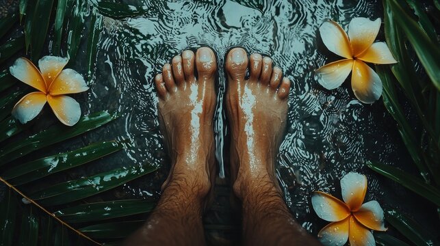 Bare feet in cool water surrounded by tropical flowers and leaves.