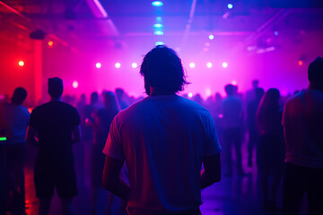 A man stands in a crowded, dimly lit dance club, bathed in vibrant colored lights.  People are dancing and enjoying the music.