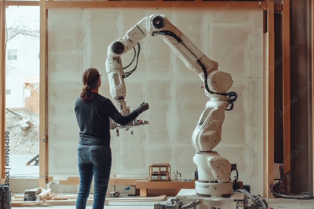 Poster robotics engineer collaborates with robotic arm in innovative workspace setting