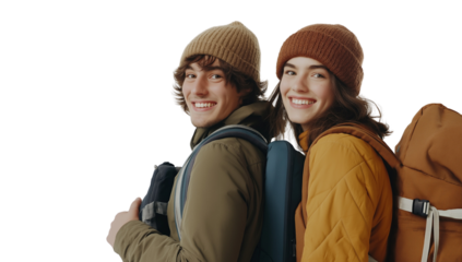 A young, smiling couple with backpacks, isolated on a transparent background
