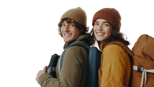 A young, smiling couple with backpacks, isolated on a transparent background - Powered by Adobe