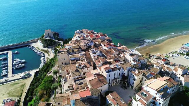 Historic Mediterranean town of Sperlonga, Lazio, high angle aerial establishing overview, coastal beauty and charm