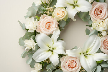 Fototapeta premium Elegant floral wreath with white lilies and pastel roses.
