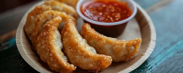 Crispy fried dumplings with spicy dipping sauce on paper plate.