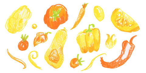 Clip art of bright orange vegetables drawn with wax crayons on white isolated background. Kids food collection of oil pastel illustrations. Designs for greeting cards, stickers, social media, posters.
