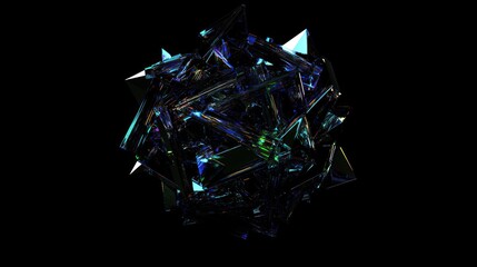 Abstract dark blue and green iridescent crystal geometric shape on black background.