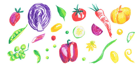 Clip art of brightly colored vegetables drawn with wax crayons on white isolated background. Kids food collection of oil pastel illustrations.