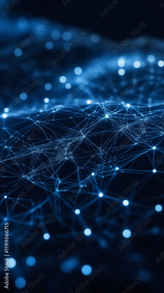 Poster complex structure of connected dots and lines forming a futuristic data grid, representing innovatio