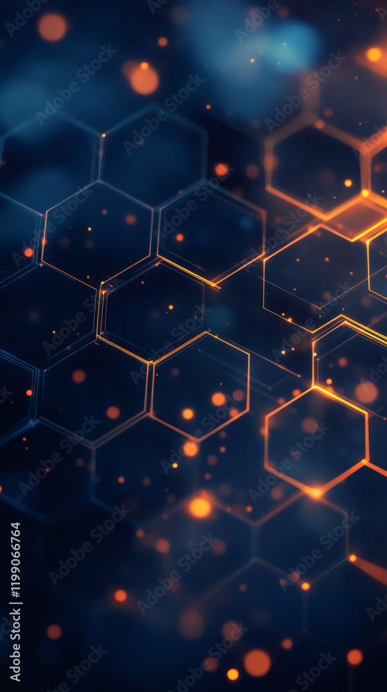 Aufkleber Luminous orange hexagonal grid illuminating dark blue backdrop, suggesting advanced technological design with soft bokeh rendering
