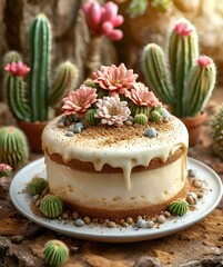Milk-colored cake with 3d cactus decoration