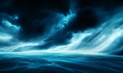 Fototapeta premium Electric blue and white streaks lighting up the horizon as a thunderstorm approaches, atmospheric effect, thunderstorm clouds, lightning strikes, blue sky, electricity in the air