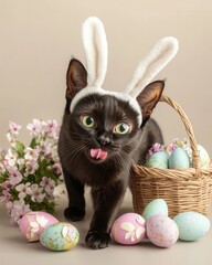 cat Portrait with Easter Bunny Ears Concept. Black cat with bunny ears beside pastel Easter eggs and flowers