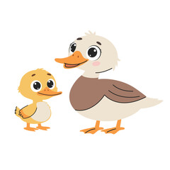 Cute duckling and duckling isolated on white background. Vector illustration.