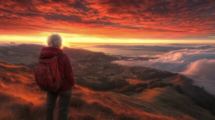 A person stands on a hillside, gazing at a breathtaking sunset that casts vibrant colors over a valley. The sky transitions from orange to deep red as clouds gather below