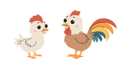 Chickens with a rooster. The village is a poultry farm. Vector illustration on a white background.