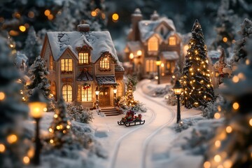 A small town scene with a Christmas tree in the center
